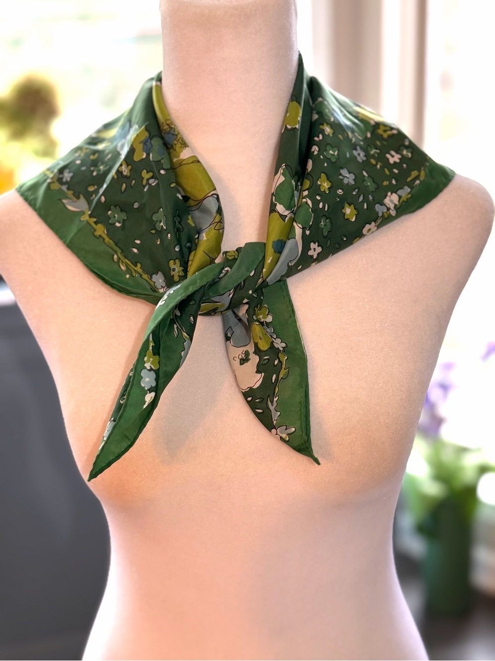 Vintage Green Silk Floral Neck Scarf